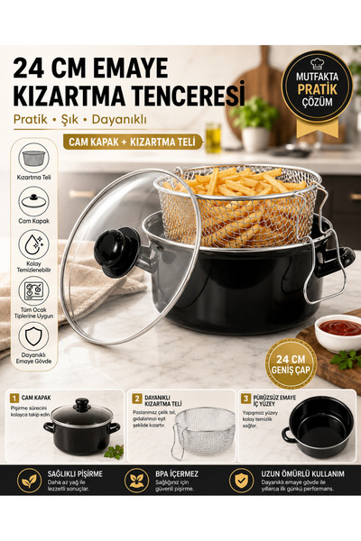 Ünlü 24 cm Emaye Kızartma Tenceresi – Cam Kapaklı ve Kızartma Telli, Siyah