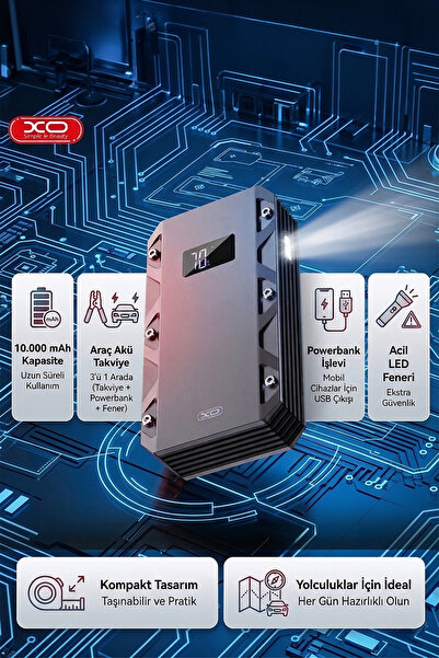 Xo CZ025 3-ü 1 Arada 10.000 mAh Taşınabilir Akü Takviye Kiti (Powerbank + LCD...