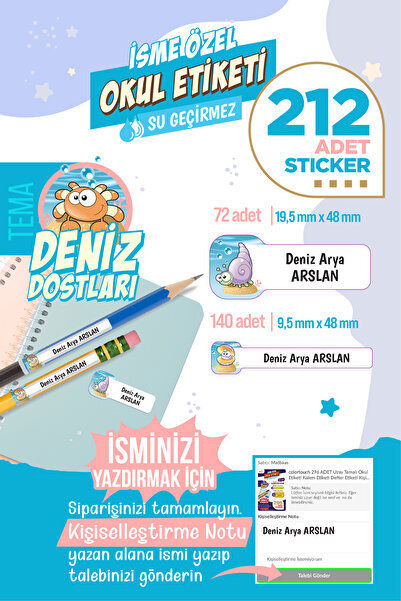 colortouch 212 ADET Deniz Dostları Temalı Okul Etiketi Sticker Kalem Etiket D...