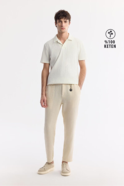 Avva Erkek Bej Beli Lastikli %100 Keten Relaxed Fit Pantolon B003032