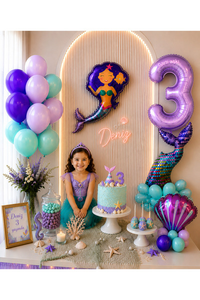 PARTİ AŞKI Pırıltılı Deniz Kızı 5'li Doğum Günü Balon Seti & Kız Çocuk Doğum ...