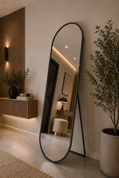 EFFE YAPI DEKOR Siyah Metal Çerçeveli 180x60 CM Elips Model Ayaklı Boy Aynası