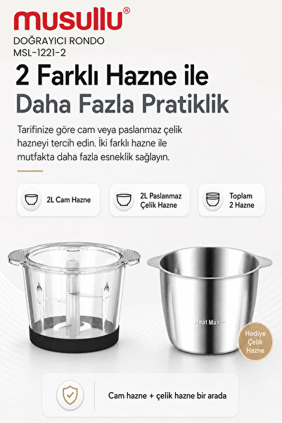 Musullu 1000w Bakır Motor Rondo Blender Doğrayici 2 Lt Çelik & Cam Hazneli Msl-1221-2