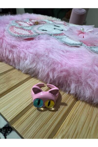 Herşey Nota Cute Cartoon Pink Cat Figured Children's Ring with Colorful Eyes ...