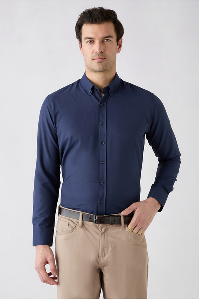 Kiğılı Uzun Kol Slim Fit Düğmeli Yaka Pamuklu Kolay Ütülenebilir 4 Mevsim Oxf...