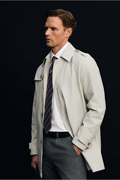Abdullah Kiğılı Classic Cotton Overcoat & Trench Coat with Buttoned Zipper Po...
