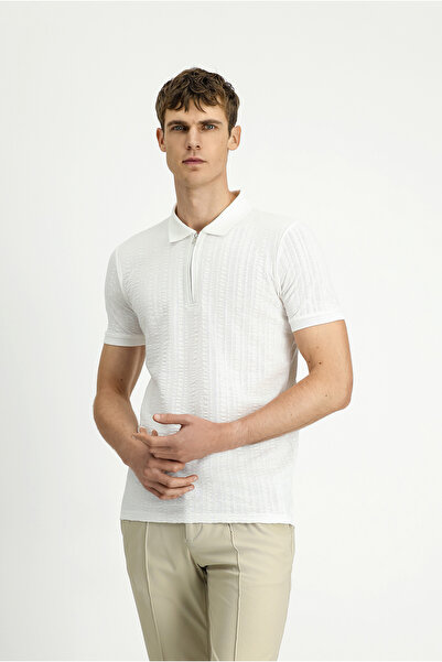 Kiğılı Slim Fit Dar Kesim Pamuk Desenli Fermuarlı Polo Yaka Tişört
