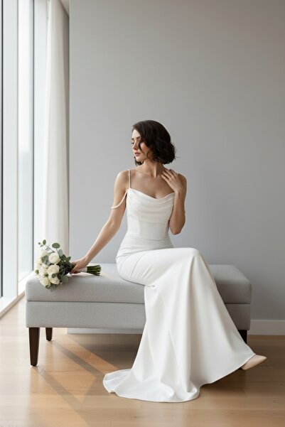 ENDAMIM Balık Model Straplez Yaka Uzun Kollu Maxi Abiye Elbise Nikah Düğün El...
