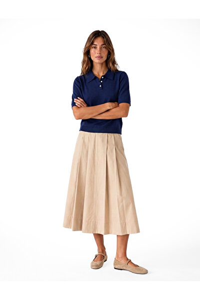 Koton Cotton Flared Cut Pleated Pocketed Midi Poplin Skirt