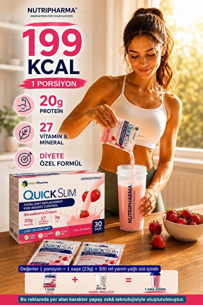 NUTRIPHARMA Quıck Slim Öğün Yerine Geçen Shake - Çilek Aromalı Öğün Tozu - Protein Shaker Hediye - 30 Saşe