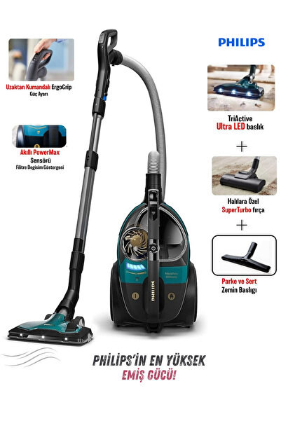 Philips Ultra Emiş Gücü, LED Başlıklı, HEPA Filtreli Premium Toz Torbasız Süp...