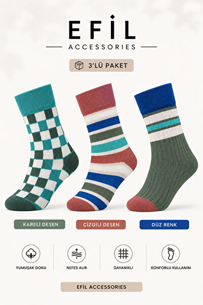 EFİLACCESSORİES Premium Striped Men's 3-Pack Socks