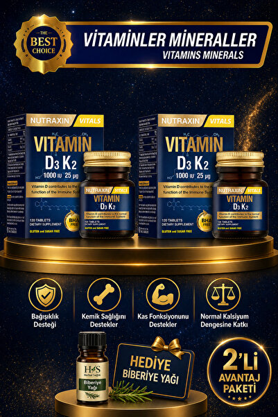 Nutraxin 2 Adet D3K2 120 Tablet – 1000 IU D3 + 25 mcg K2 Vitamini İçeren Takv...
