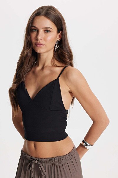 Tudors Γυναικεία Slim Fit Μαύρη Μπλούζα με λαιμόκοψη V και τιράντες