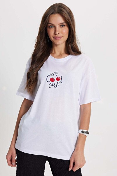 Tudors Γυναικείο Oversize Φαρδύ 100% Βαμβακερό Λαιμόκοψη Κοντομάνικο Λευκό Μπ...