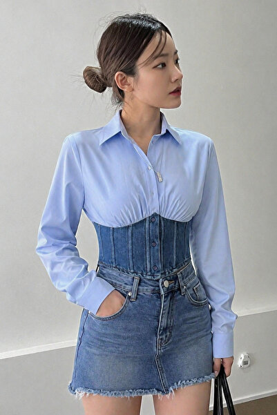 Tarz Cool Γυναικείο τζιν πουκάμισο με λεπτομέρεια κορσέ και ειδικό σχέδιο