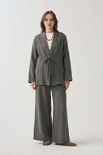 ALLDAY Ανθρακί Κιμονό Μουσελίνας με Λεπτομέρεια Δεσίματος στη Μέση