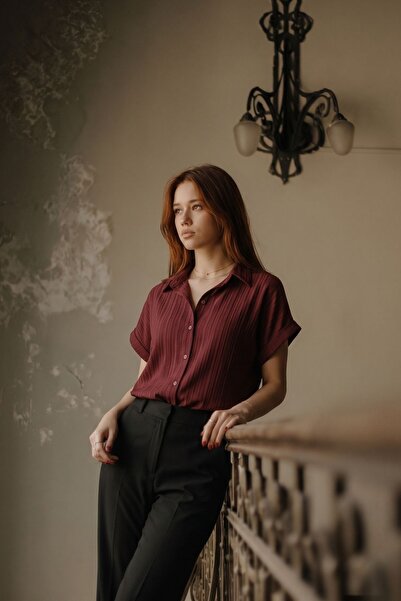 armonika Γυναικείο μπορντό κοντομάνικο πουκάμισο ARM-19Y001088