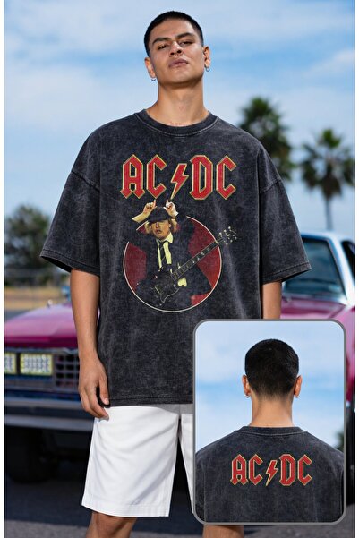 Fuddy Moda Unisex AC-DC T-shirt με στάμπα στον αυχένα, που πλένεται, ρετρό μπ...