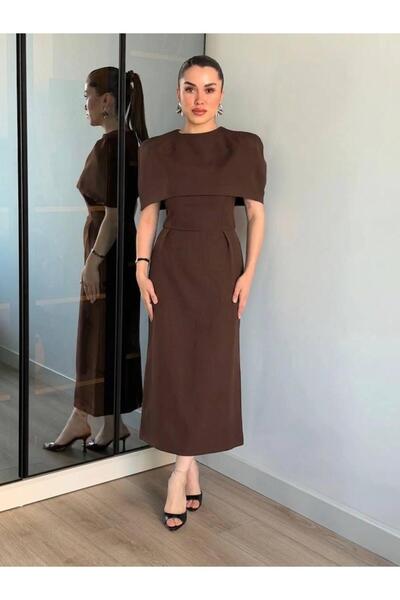 maf collection Γυναικείο Καφέ Βραδινό Φόρεμα με Σχέδιο Σκίσιμο στην Πλάτη και...