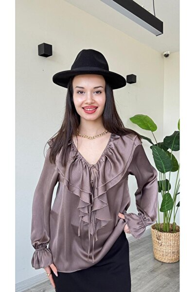 modadagiyim Γυναικεία μπλούζα πουκάμισο με κορδόνια και λεπτομέρειες στα μανί...