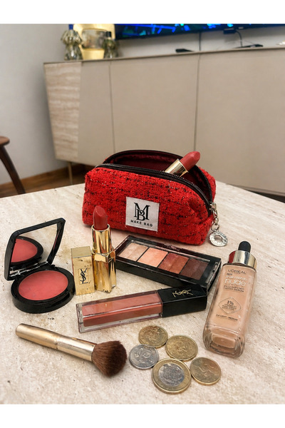 MAKE BAG YENİ SİMLİ KIRMIZI KUMAŞ CEP CÜZDAN (KÜÇÜK BOY)
