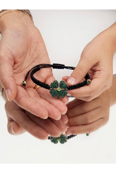 TMD AKSESUAR Mother-Daughter Lucky Hearts Green Zircon Stone Four-Leaf Clover Black Macrame Braided Bracelet