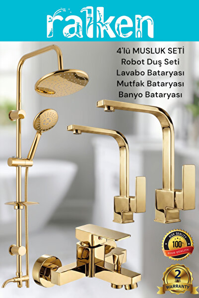 RALKEN 4’lü Batarya Seti Gold Altın Pirinç Kare Banyo Lavabo Mutfak Eviye Mus...