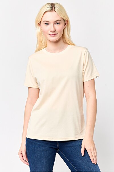 Fudo Comforts by Women Crew Neck Short Sleeve Solid T-Shirt, Light Beige