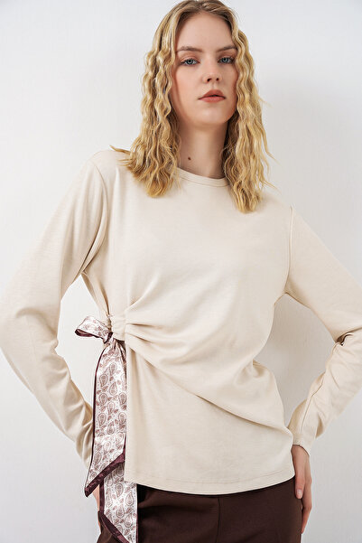 Bigdart Γυναικεία Μακρυμάνικη Μπλούζα με Λεπτομέρεια Φουλάρι 40000 - Κρεμ