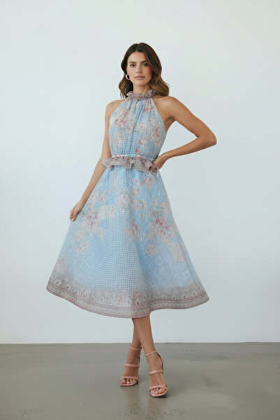 SERPİL Çiçek Desenli Halter Yaka Midi Boy Kadın Elbise 51142