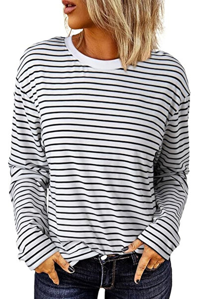 OEM White lightweight women's blouse with long sleeves, black stripes, size M