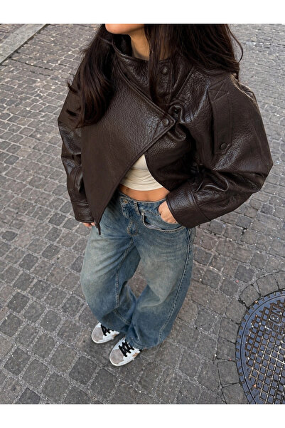 Ekim Store Δερμάτινο μπουφάν σε χρώμα Bitter Brown με όρθιο γιακά και oversiz...