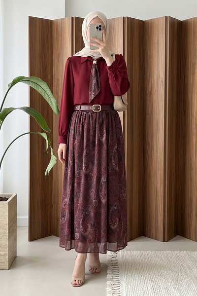 MODAQU Σετ Φούστας-Μπλούζας από Σιφόν με Ζώνη, Φουλάρι και Φούστα με Φόδρα - ...