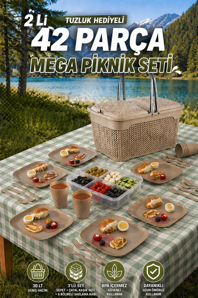 grimorlife 42 Parça Mega Piknik Seti | 30 LT Kapaklı Piknik Sepeti + 6’lı Kah...