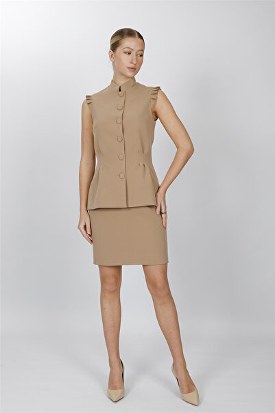 ÖNDER ÖZSOY Haki̇m Collar Pleated Vest Suit 1537502-Stone - 1537502