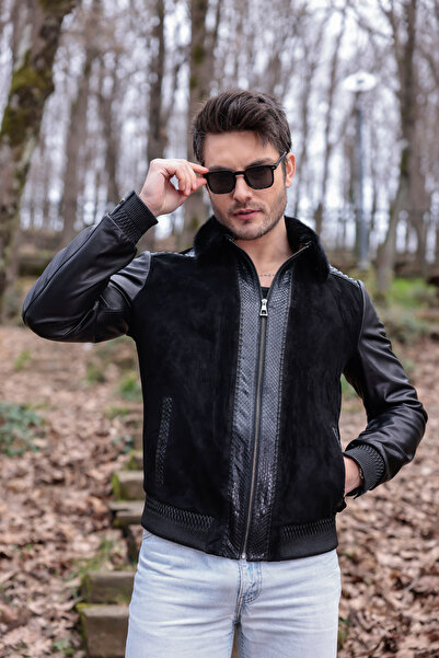 Metins Leather Erkek Süet Kürklü Yakalı Hakiki Deri Mont - Beli Lastikli, Pit...