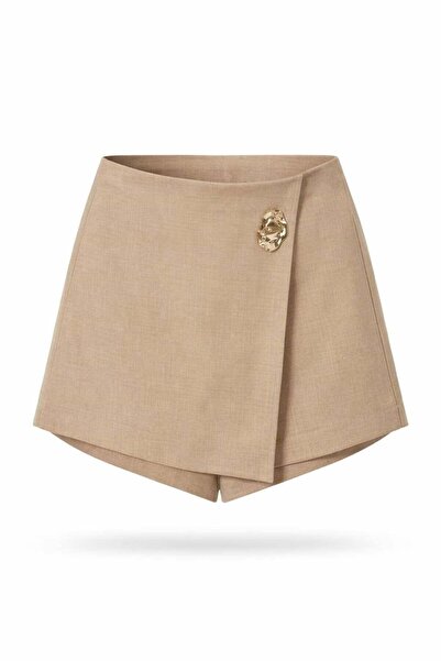 Miss Poem Γυναικεία Μεταλλικά Αξεσουάρ Ασύμμετρη Μπεζ Σορτς Φούστα