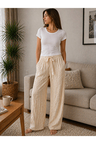 diğer333 bürücük kumaş Dokulu Yüksek Bel Rahat Kesim Kadın Pijama Altı Ev Giy...