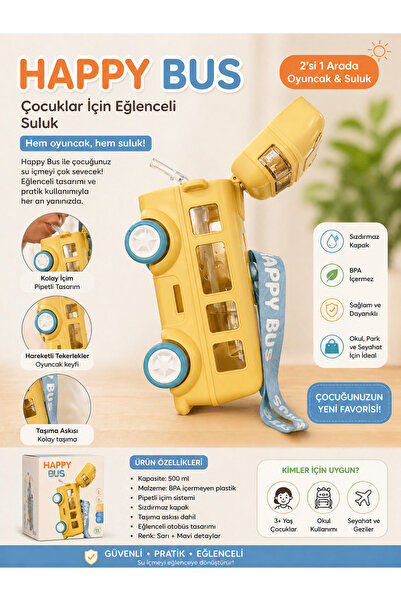 Selvira Happy Bus Otobüs Şeklinde Çocuk Suluğu 500 ml – Pipetli, Sızdırmaz Ka...