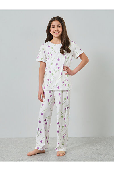 Styli Girls Tulip Print Short Sleeve Top and Pyjama Set