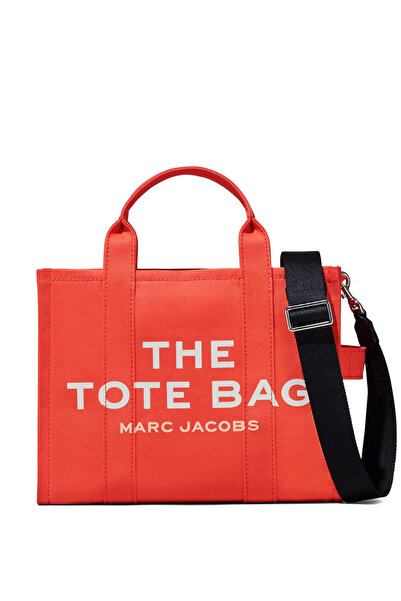 Marc Jacobs حقيبة كتف نسائية من القماش القطني باللون البرتقالي مع إغلاق بسحاب...