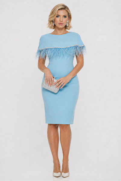 Fofy Rochie elegantă baby blue cu volan accesorizat cu stasuri si pene