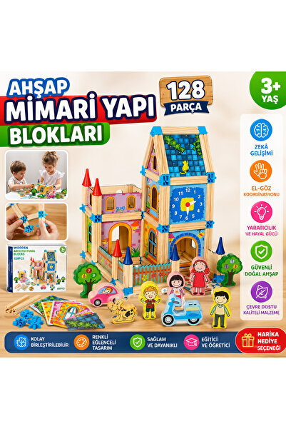 TRUST STORE Ahşap Mimari Yapı Blokları 128 Parça Eğitici Zeka Geliştirici İnş...