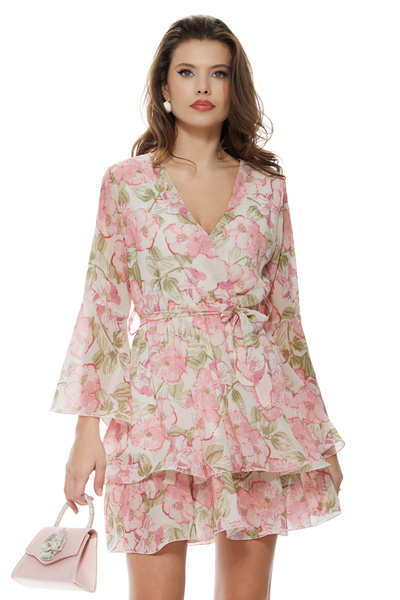 Fofy Rochie eleganta din voal matasos roz imprimeu floral cu volanane suprapuse