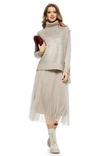 Fofy Compleu dama elegant bej cu angora pulover cu paiete si rochie cu fusta ...