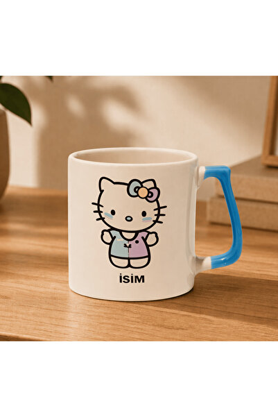 Hello Kitty Tasarımlı İsimli Mavi Kulplu Kupa Bardak