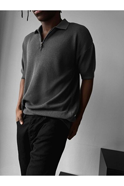 elkumoda Men's Zippered Polo Collar Knitwear T-Shirt - Oversized Knitted Summ...