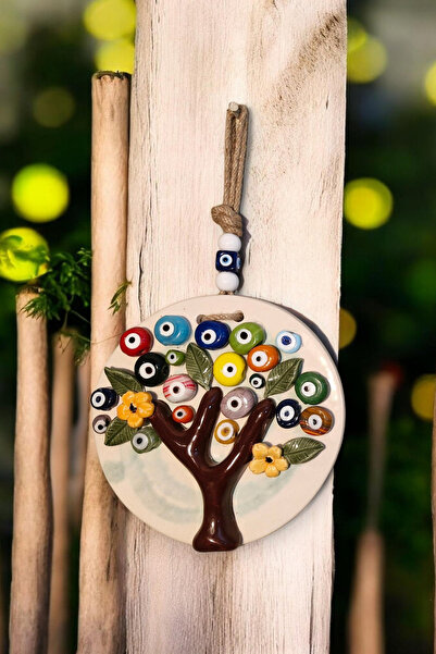Revard Home Renkli Nazar Boncuklu Doğal Yaşam Ağacı Figürlü Seramik El Yapımı Duvar Dekorasyonu Eşyası 19X19 CM