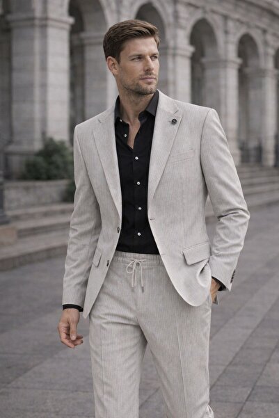 Taş Rengi İnce Çizgili Slim Fit Erkek Takım Elbise Bağcıklı Pantolon Premium Kumaş